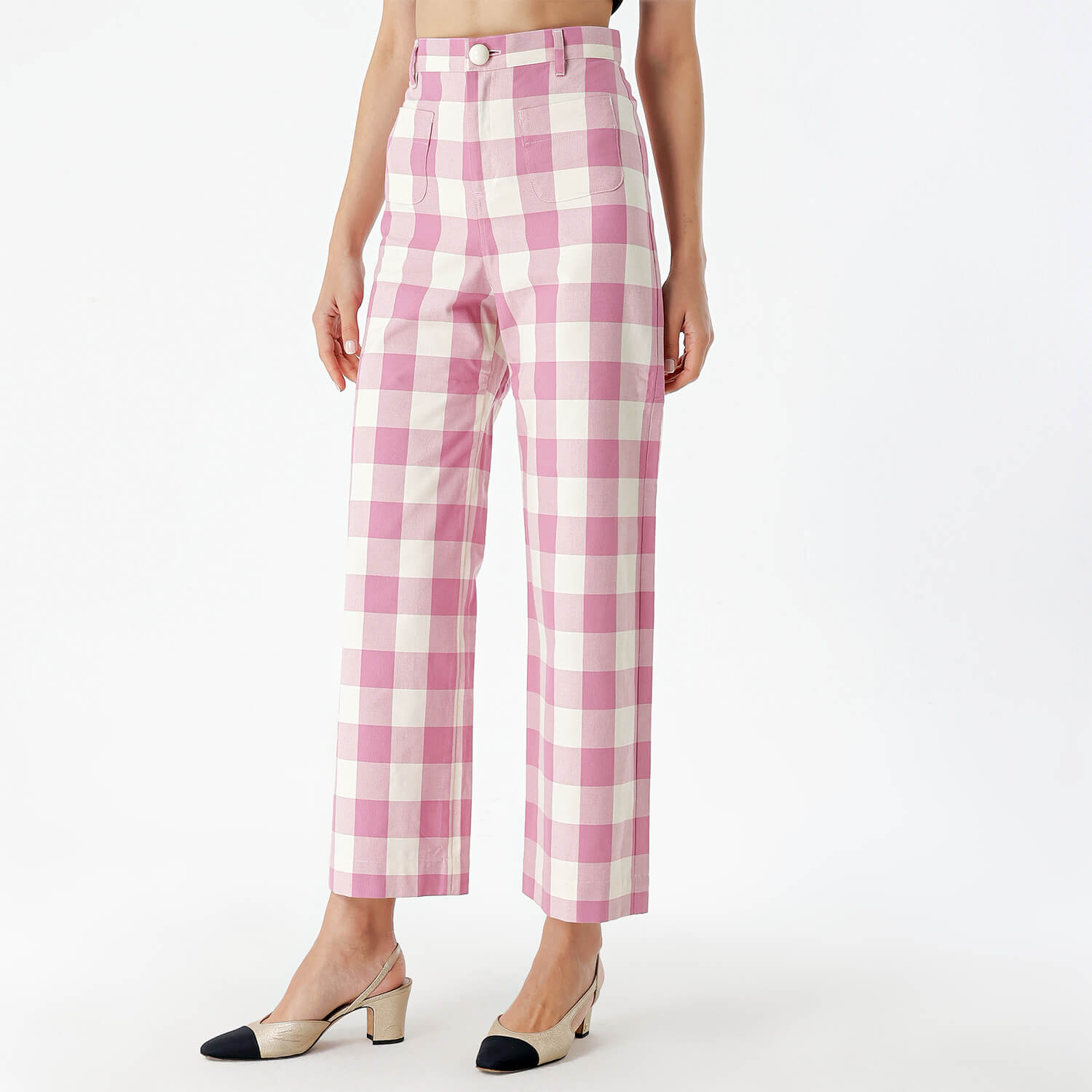 La Veste - Pink&White Cotton Checked Wide Leg Pants